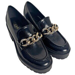 Guess Hillford Black Faux Leather Platform Chunky Lug Sole Loafers Size 9